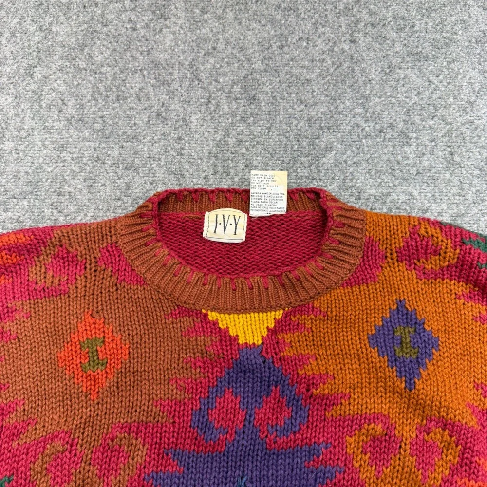 Vintage IVY Southwest Geometric Fringe Sweater Womens Large Ramie Cotton Knit - Picture 3 of 7